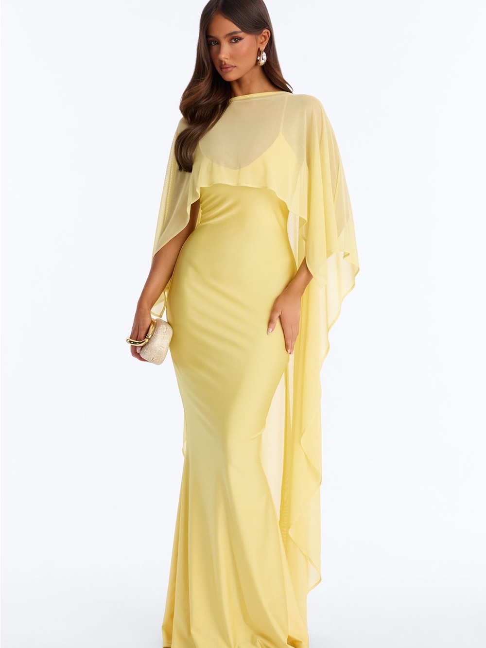 Fashion Nova Lemon Chiffon Cape Maxi Dress
